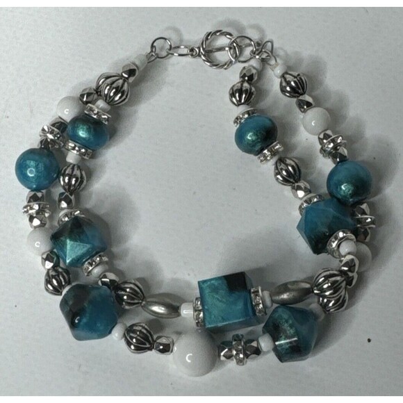 Bracelet Two Strand and Earrings Set Resin Faux Turquoise With Silver Tones - Picture 6 of 11